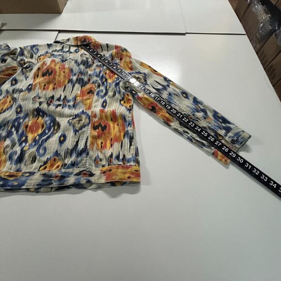 Chicos Aztec Tribal Linen Blend Jacket Womens Large 2 Blue Orange Button Up - Picture 7 of 10